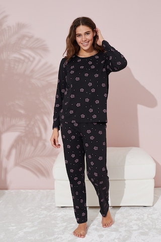 Siyah İnci Pamuklu Pijama Takımı 7763 Siyah Pembe Çiçek