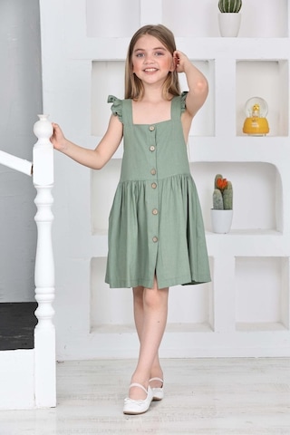 Kız Çocuk %100 Pamuk Keten Elbise 12197 Çağla Yeşili