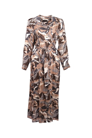 Büyük Beden Desenli Kuşaklı Jakar Elbise Gala-xi Kahverengi