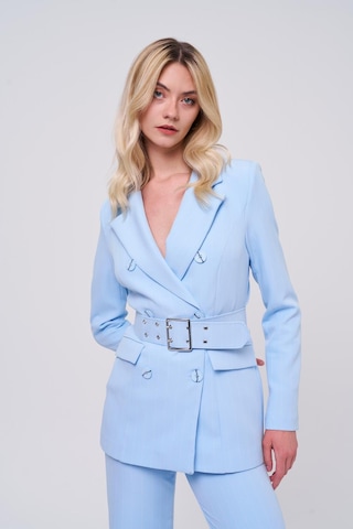 Çizgili Kruvaze Blazer Ceket Pantolon Bebe Mavi Kadın Takım Bebe Mavi