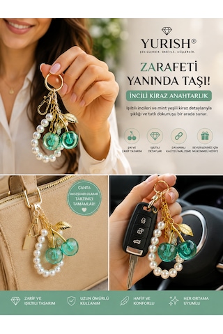 İnci Detaylı Mint Yeşili Kiraz Charm Anahtarlık Açık Yeşil