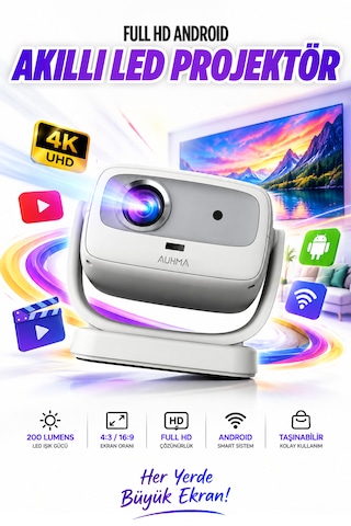 Auhma Apr1 180 Dönebilen 4k Destekli Android Akıllı Led Projeksiyon Cihazı Wi-fi 6 Ve Otomatik Od