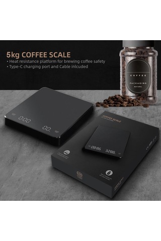 Jeemson Kahve Terazi Akıllı Zamanlayıcı Led Ekranlı 5000g Maksimum Ağırlık 0.1g Hassasiyetli Yüksek Sıcaklığa Dayanıklı Usb Type-c Şarjlı Siyah Siyah
