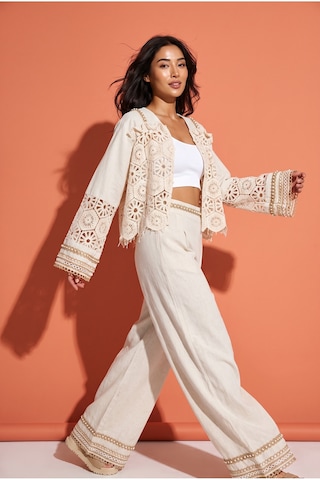 Fashion Cocktail Romantik Kore Slim Fit Pantolonlu İnci Brode İşçilikli Geometrik Dantel Zarif Yelek Düğmeli Ceket Fermuarlı Dar Kesim Pantolon Ham Keten Bohem Takım Bej