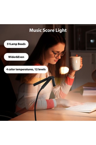 Ruicoo Usb Şarjlı 4 Renk Tonlamalı 51 Led'li Göz Koruyucu Müzik Notası Klips Lambası - Taşınabilir Mini Kitap Klips Lambası