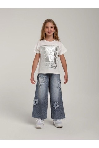 Escabel Kız Çocuk Pamuklu Gümüş Varak Desenli Tasarım T-shirt-15616 Beyaz