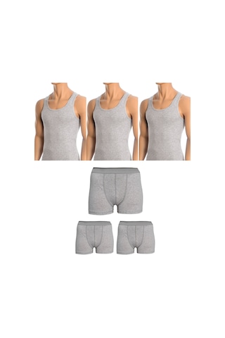 Erkek Pamuklu 3'lü Gri Atlet Ve 3'lü Gri Boxer 6 Parça Set