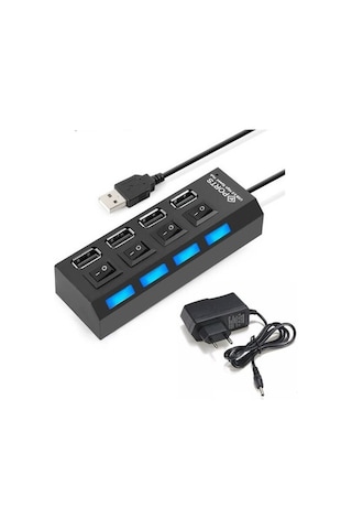 4 Port Usb 2.0 Çoklayıcı Hub Işıklı On Off Düğmeli Adaptörlü (533634797)