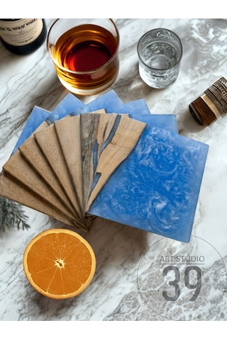 Ceviz & Turkuaz Epoksi Bardak Altlığı Seti 6 Lı, El Yapımı Ceviz Ahşap, 12x12 Cm, Modern & Şık Tasarım Turkuaz
