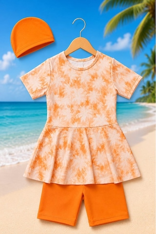 My Kids Wear Kız Çocuk Desenli Şortlu Bone Li Mayo Takımı 12872 Turuncu