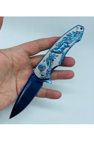 Tobaccotürk724 Kurt Kabartmalı Kamp Bıçak Yarıoto Mavi Metal 20cm Kamp Çakı//ystl2916bl Mavi