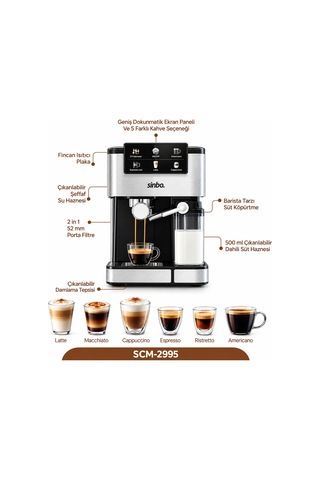 Espresso Kahve Makinesi 6 Programlı, 1.5l Su & 500ml Süt Hazneli Renkli
