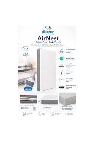 Airnest Bebek Oyun Parkı Yatağı 10 Cm Destekli Nefes Alan Spacer Kumaşlı Fermuarlı Yıkanabilir Kılıflı Park Yatak Minderi