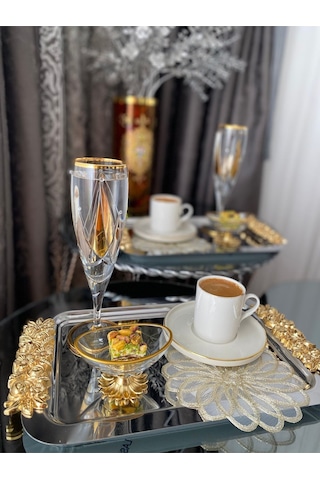 Atabey Home Collection 2'li Kahve & Çay & Sunum Dikdörtgen Büyük Sunum Tepsisi Çelik Gül Model Gold 30 Cm