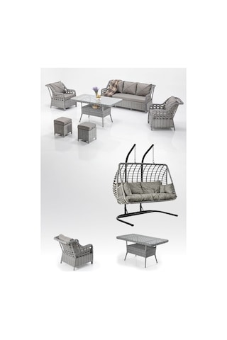 Dora Garden Home Ecem 7 Kişilik Rattan Bahçe Mobilyası Ve 2 Kişilik Rattan Salıncak Seti-açık Gri Siyah Çizgili