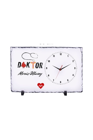 Kişiye Özel Doktor Doğal Taş Masa Saati 25x38 Cm İsim Ve Ünvan Baskılı Dekoratif Saat Çok Renkli