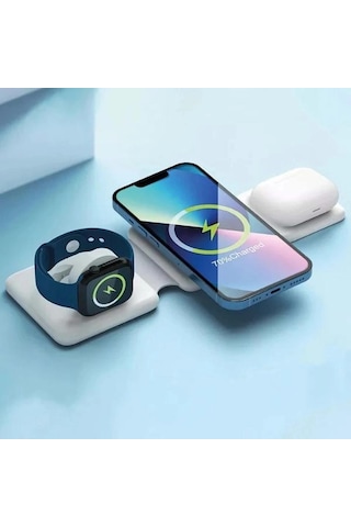 Katlanabilir 3 Cihaz Destekli Kablosuz Şarj İstasyonu Telefon Saat Kulaklık Standı
