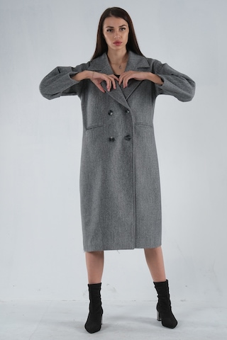 Feminist Gri Önden Düğmeli Oversize Örme Kaşe Kaban 0108068