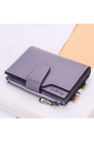 Dofolink Kadın Pu Deri Çift Katlı Cüzdan, 15 Kartlık, 3 Fotoğraf Bölmesi, Para Ve Zip Cebi, Basma Kapanma, Portatif Mor Renk N5013 Mor