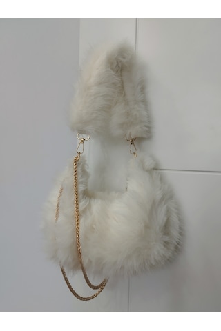 Vivazzaluxe Vintage Peluş Kürk Model Sonbahar, Kış Tote Bag Kadın El, Omuz, Çapraz Çanta Beyaz