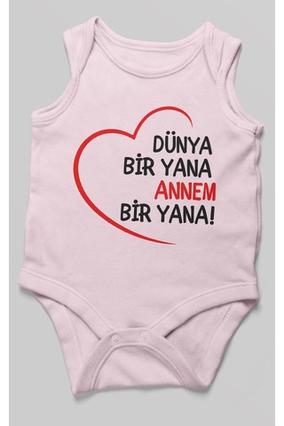 Morivokids Dünya Bir Yana Annem Bir Yana Sıfır Kollu Bebek Zıbını %100 Pamuk Bebe Pembe