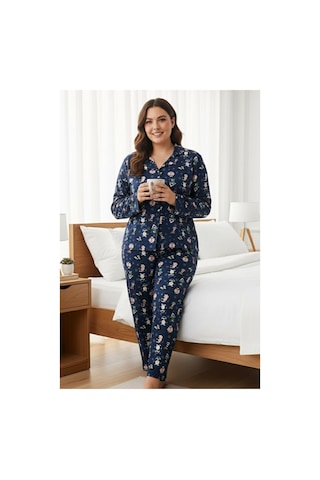 Siyah İnci Curve Büyük Beden Battal Boy Düğmeli Pamuklu Pijama Takımı 7617 Lacivert Penguenli