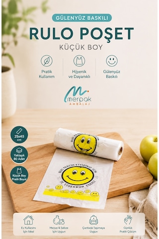 Rulo Poşet Küçük Boy 24x45 Cm Gülenyüz Baskılı Poşet Atlet Poşet Market Manav Poşeti Çöp Poşeti