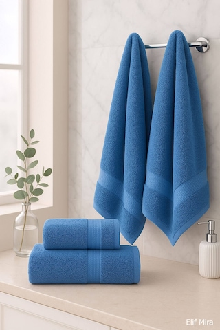 4 Lü Banyo Havlusu Seti %100 Pamuklu 70x140 Cm Pleasure Mavi-mavi