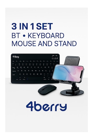 4berry 3 Lü Set Bluetooth Klavye + Kablosuz Mouse + Telefon/tablet Standı Taşınabilir Ve Şık Tasarım Optik