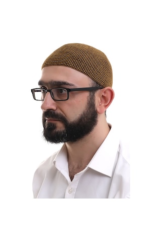 Hardal Kışlık Nokta Desenli Orlon Namaz Takkesi Sarı