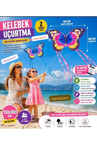 Uçurtma Kelebek Desenli Büyük 150x100cm Uçan Dış Mekan Bahçe Piknik Kız Çocuk Oyuncağı