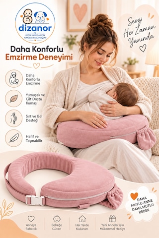 Dizanor Ayarlanabilir Kemerli Çok Amaçlı Emzirme Minderi Fermuarlı Yıkanabilir Kılıf 56x50x11 Cm - Pembe
