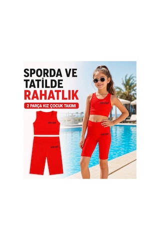 Rony Pony Kids Kız Çocuk Neon Kırmızı Crop Üst Ve Uzun Şortlu Mayo Takımı - 2 Parça