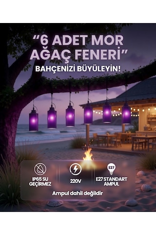 6 Lı Mor Ağaç Feneri Ip65 Su Geçirmez E27 Bahçe Aydınlatma Seti 220v Dekoratif Sarkıt Fener