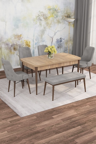Mona Meşe 80x132 Açılabilir Mdf Masa Yemek Odası Takımı, Mutfak Takımı 4 Sandalye, 1 Bench Meşe Masa - 4+1 Gri - Ceviz Ayak