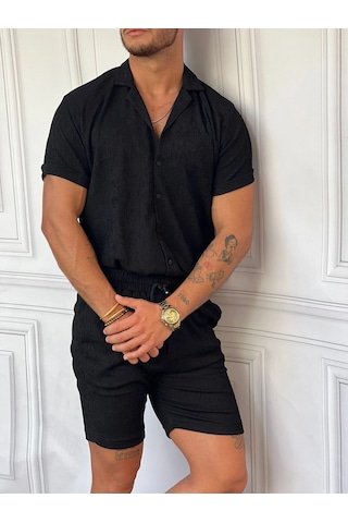 Modefendi Krinkıl Kumaş Pamuklu Gömlek + Şort Takım Siyah
