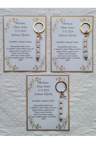 100 Adet Kişiye Özel Merhume & Merhum'un Mevlid Hatırası Dağıtmalık Hediyelik Beyaz Anahtarlık