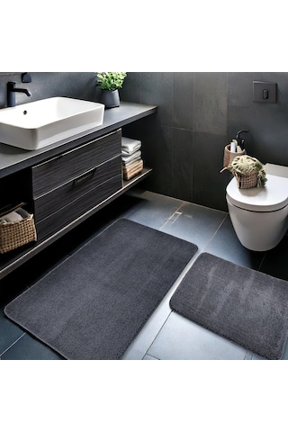 2'li Peluş Banyo Paspası Takımı Yumuşak Kaymaz Tabanlı Klozet Takımı 60x50 - 60x100 Koyu Gri