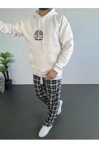 Novalisse Erkek 3 İplik Pamuklu Kapüşonlu Baskılı Cepli Oversize Sweatshirt Hoodie - Beyaz Çoklu Renk