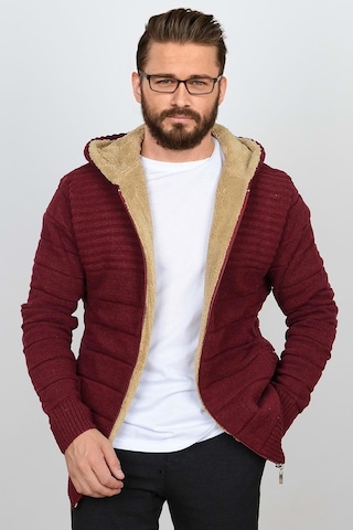 Erkek İçi Kürklü Kapüşonlu Fermuarlı Triko Hırka Bordo T743 Bordo