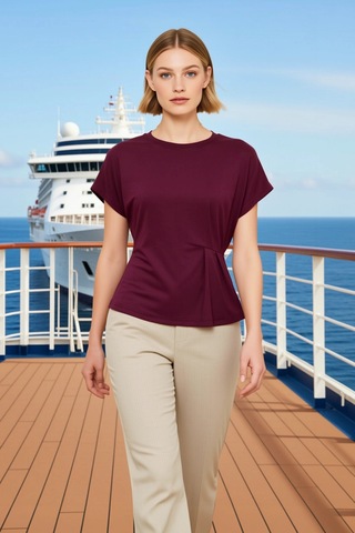 Benerly Kadın T Shirt Kayık Yaka Kısa Kol Relaxed Rahat Kalıp Büzgülü Düz Mürdüm