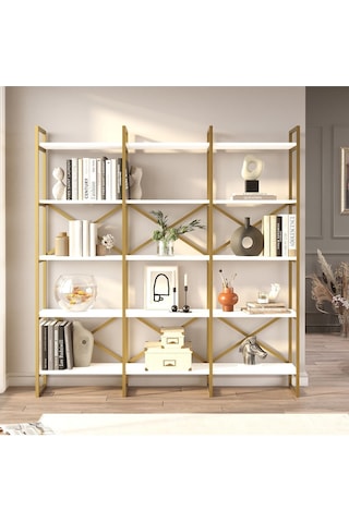 Atlantis 175cm Gold Metal Kitaplık 5 Raflı Geniş 3 Bölme Beyaz Atl6-w Beyaz