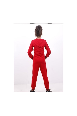 Toontoy Kız Çocuk Beli Bağçıklı Kapşonlu Tulum Kırmızı