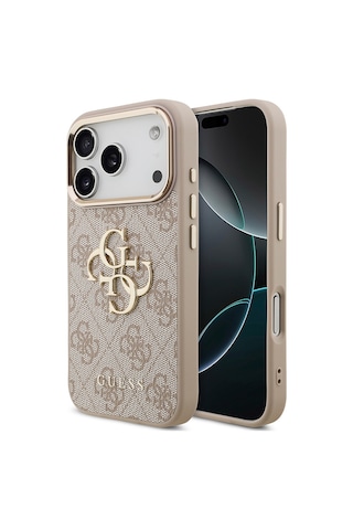 Apple Uyumlu iPhone 17 Pro Kılıf Guess Lisanslı Gold Kamera Çerçeveli 4g Desenli Büyük 4g Ve Yazı Logolu Pembe Pembe