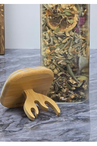 Boynuz Desenli Cam Kavanoz - Bambu Kapaklı Borosilikat Cam Kavanoz - 33 Cm - Kare