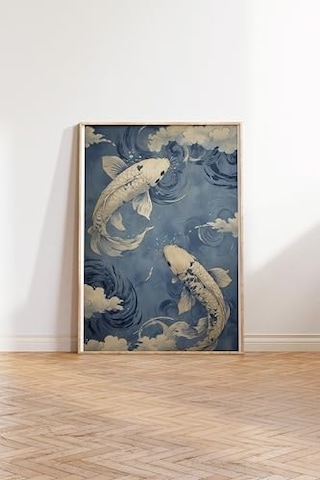 Zestia Ahşap Çerçeveli Tablo, Koi Balıkları, Japon Dalgalar Arasında, Mavi Tonlar Poster No: 107505 30 X 40