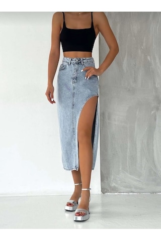 Pass&Pass 2094 Kadın Likrasız Yandan Yırtmaçlı Jeans Kot Denim Etek Beyaz