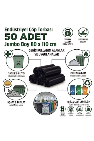 Jumbo Boy Endüstriyel Çöp Poşeti 80x110 Cm 50'li - 400 Gram Ağır Hizmet Tipi Kalın Torba
