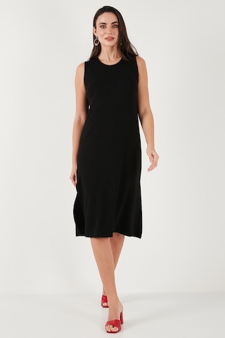 Lela Regular Fit Bisiklet Yaka Yırtmaç Detaylı Basic Midi Bayan Elbise 5866160 Siyah