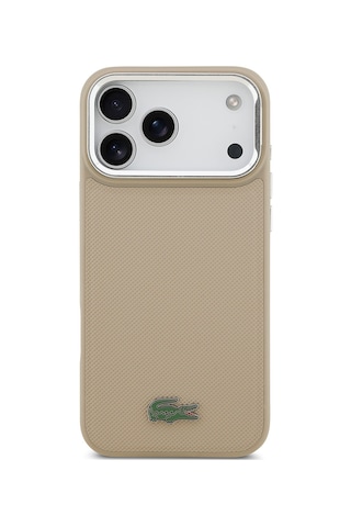 Apple Uyumlu iPhone 17 Pro Max Kılıf Lacoste Lisanslı M-safeli Pu Pike Desenli Standlı Metal Logolu Kapak Bej Bej